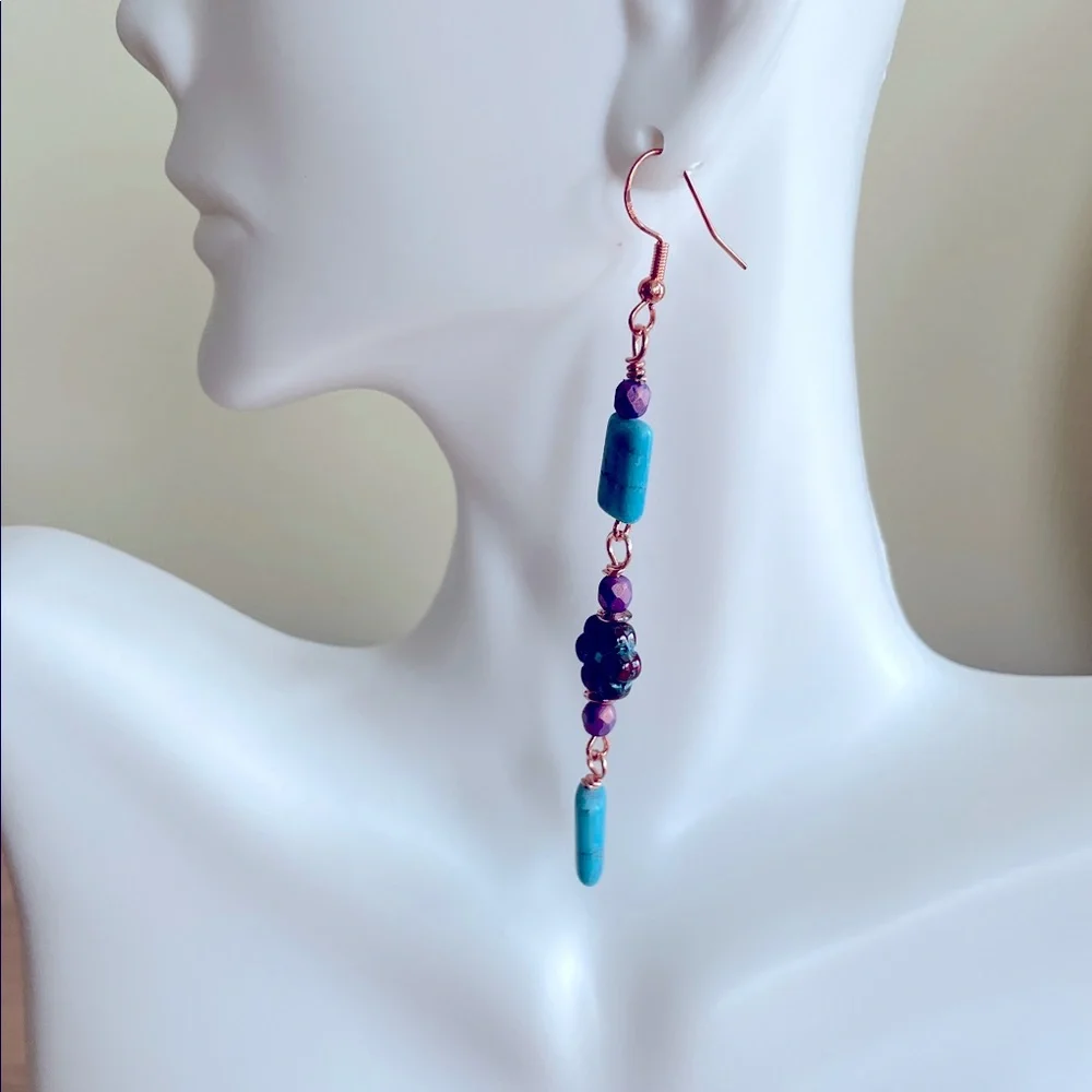 HAND CRAFTED TURQUOISE AND CZECH GLASS EARRINGS Copper Turquoise Purple Dangles